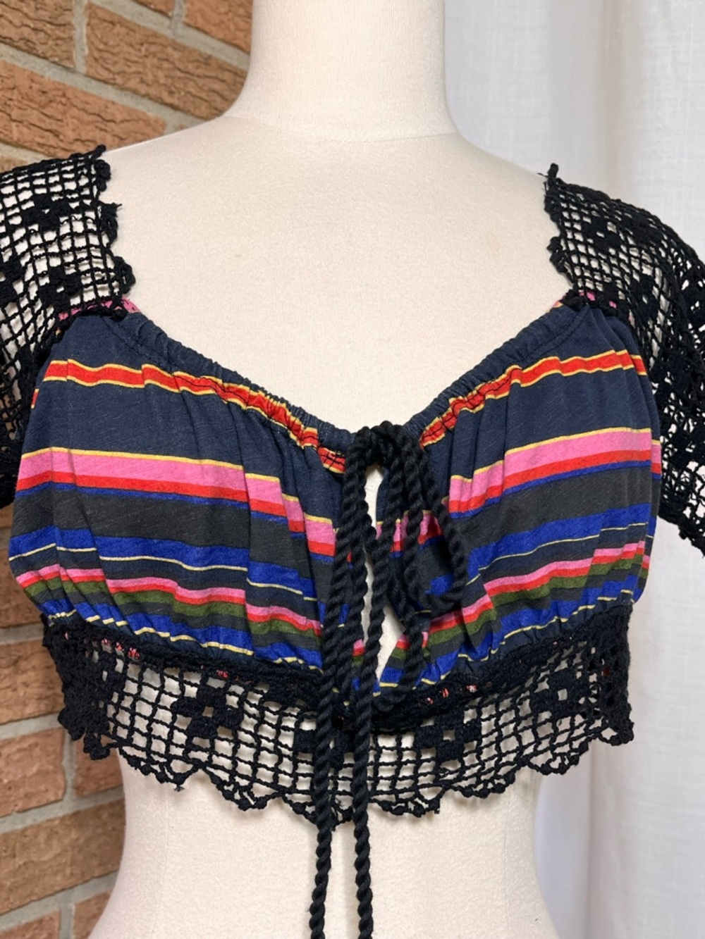 Free People Aruba Crochet Crop Top Boho Striped Black Size S - Picture 6 of 9